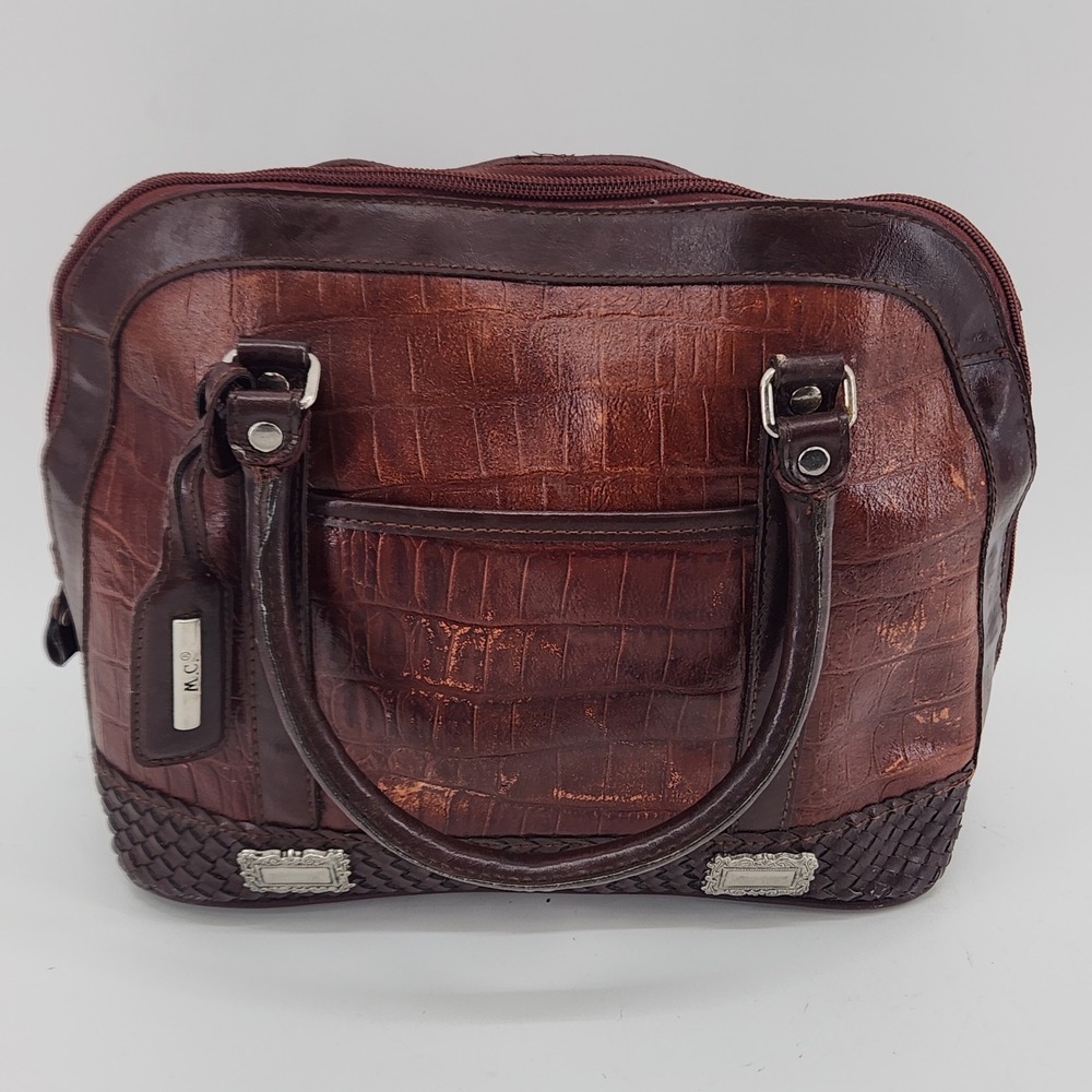M.C. - Marc Chantal Croc Embossed Leather Satchel Bag Brown Structured Handbag